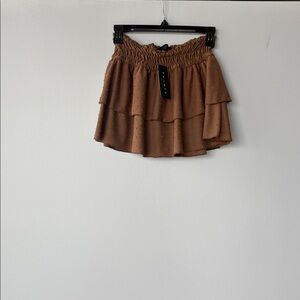 Brown Ruffled Mini Skirt with embroidered polka dot design elastic waistband NWT
